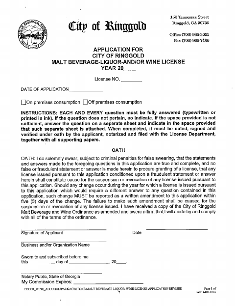 First page of the Malt Beverage, Liquor, and Wine License Application