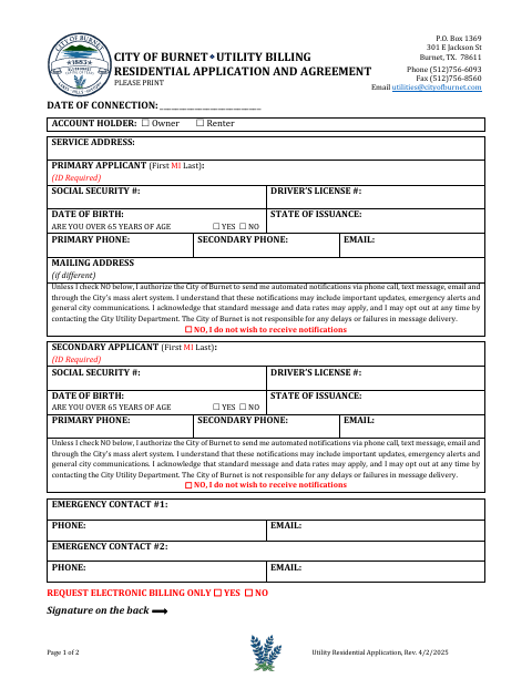 First page of the Utility Billing Residential Application and Agreement