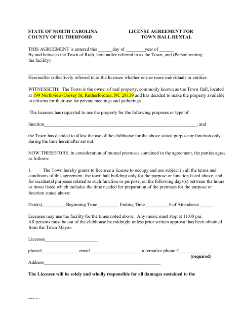 First page of the Town Hall Rental Contract