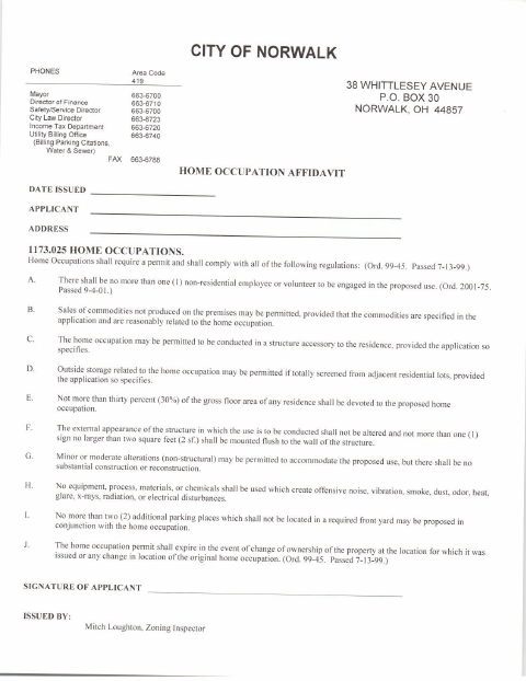 First page of the Home Occupation Affidavit