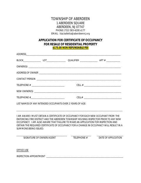 First page of the Application for Certificate of Occupancy for Resale of Residential Property