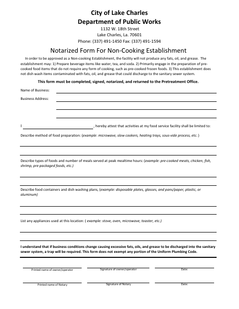 First page of the Non-Cooking Establishment Notarized Form