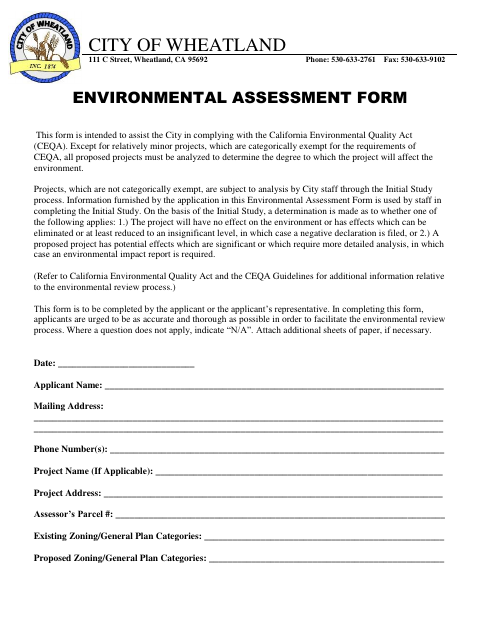 First page of the Environmental Assessment Form