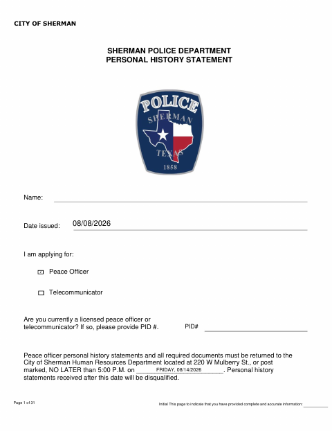 First page of the Personal History Statement