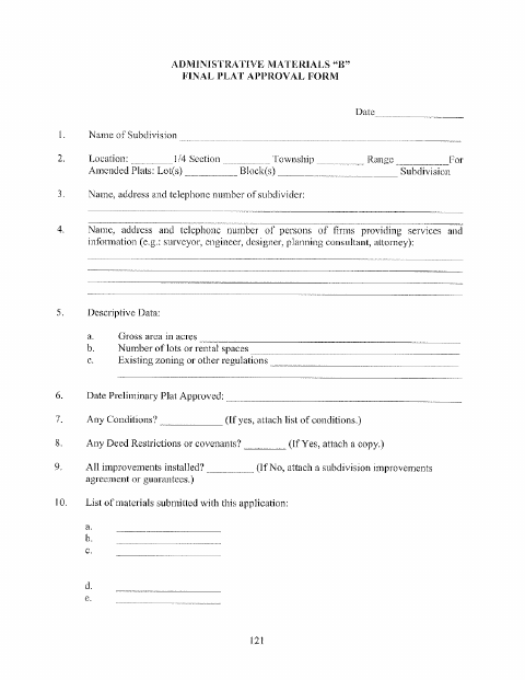 First page of the Final Plat Approval Form