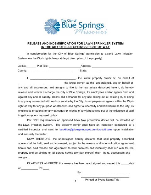 First page of the Lawn Sprinkler System Release and Indemnification