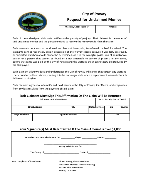 First page of the Request for Unclaimed Monies