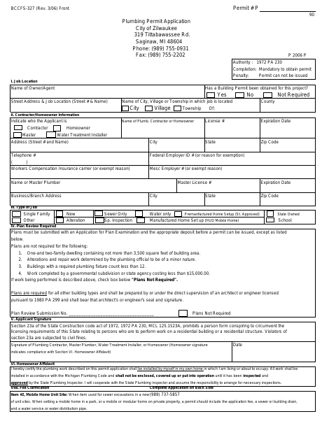 First page of the Plumbing Permit Application