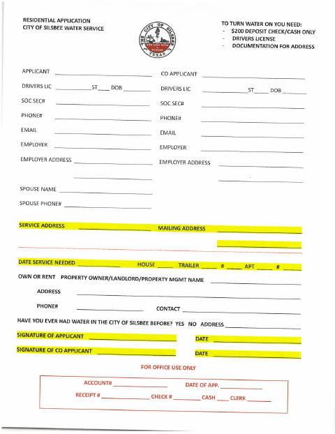 First page of the Residential Water Service Application