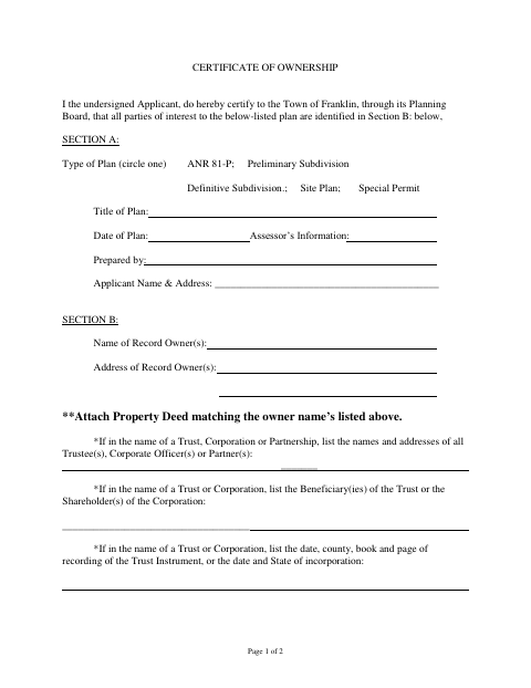 First page of the Certificate of Ownership