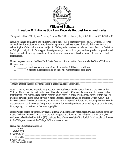 First page of the Freedom of Information Law Records Request Form and Rules