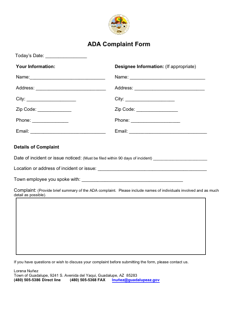 First page of the ADA Complaint Form