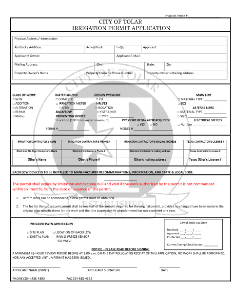 First page of the Irrigation Permit Application