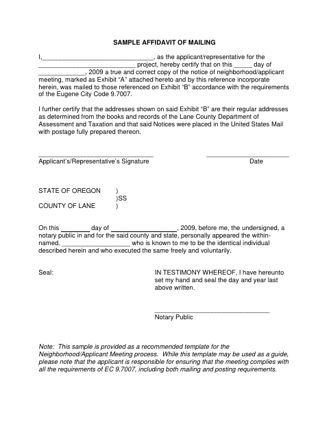 First page of the Affidavit of Mailing