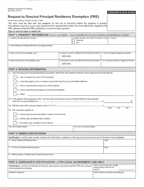 First page of the Request to Rescind Principal Residence Exemption