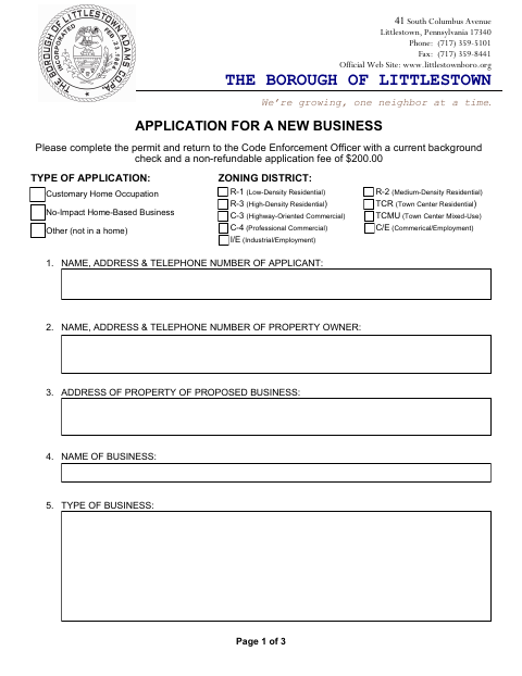First page of the New Business Application