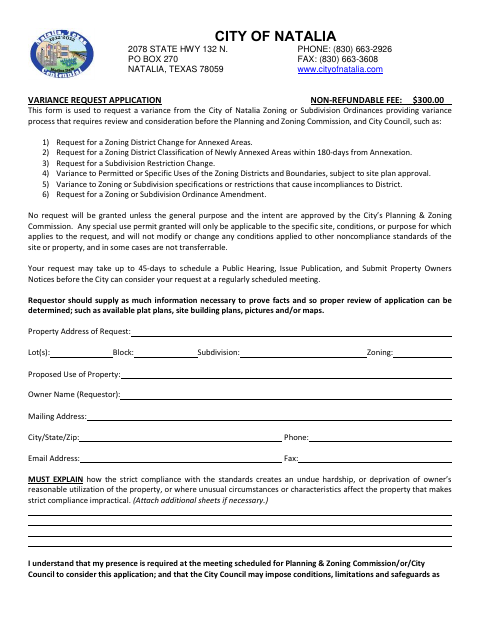 First page of the Variance Request Application