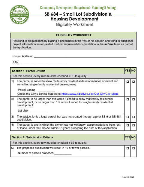 First page of the SB 684 Small Lot Subdivision and Eligibility Worksheet