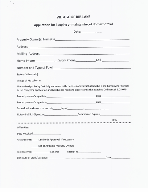 First page of the Application for Keeping or Maintaining Domestic Fowl