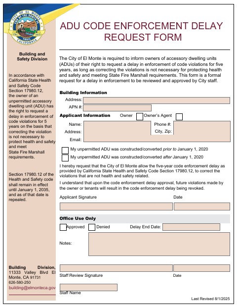 First page of the ADU Code Enforcement Delay Request Form