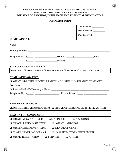 First page of the Insurance Complaint Form