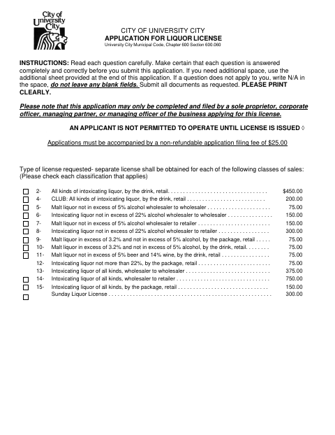 First page of the Liquor License Application