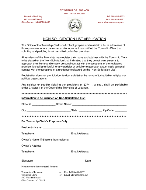 First page of the Non-Solicitation List Application