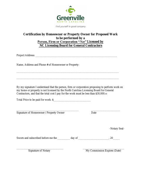 First page of the Unlicensed Contractor Homeowner Certification