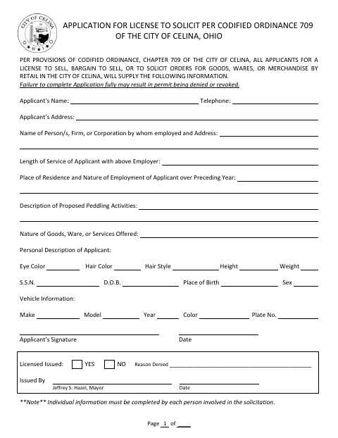 First page of the Application for License to Solicit