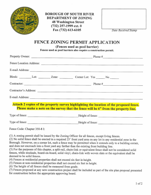 First page of the Fence Zoning Permit Application for Pool Barriers