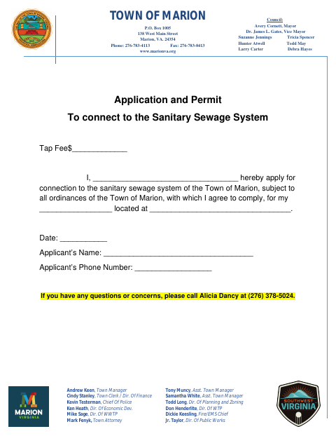 First page of the Application and Permit to Connect to the Sanitary Sewage System