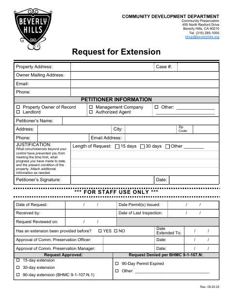 First page of the Request for Code Enforcement Extension