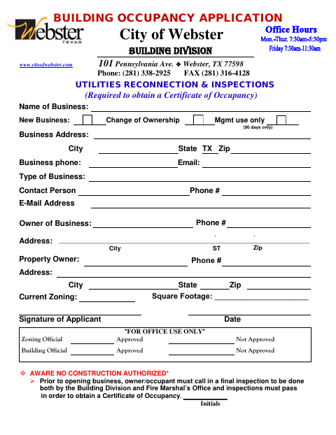 First page of the Building Occupancy Application