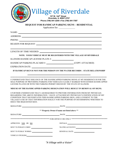 First page of the Request for Handicap Parking Signs – Residential