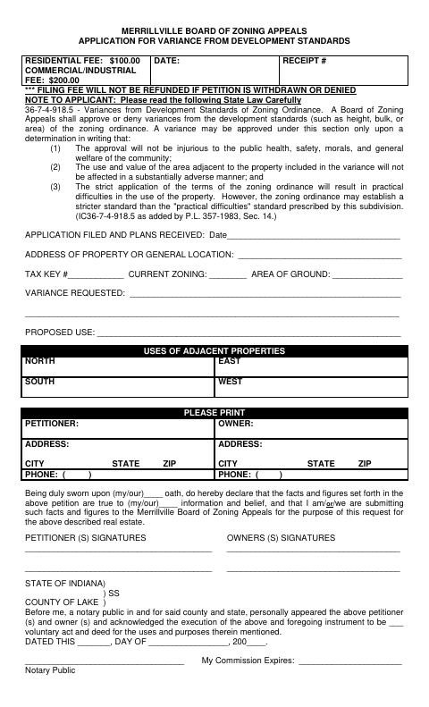 First page of the Variance from Development Standards Application