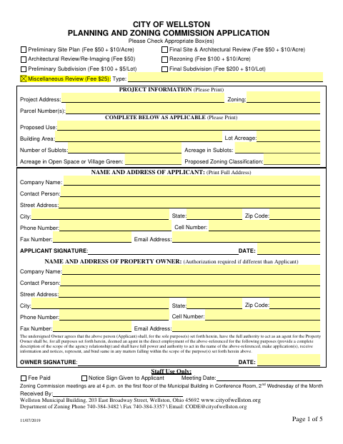 First page of the Planning and Zoning Commission Application