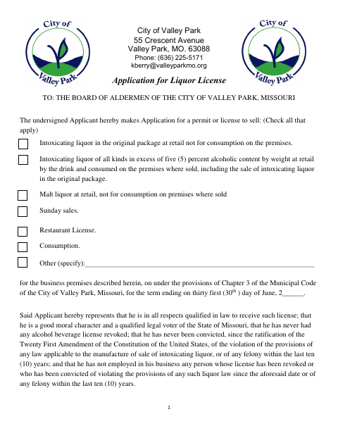 First page of the Application for Liquor License