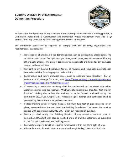 First page of the Demolition Procedure, Agreement, and Waste Management Plan