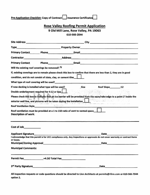First page of the Roofing Permit Application