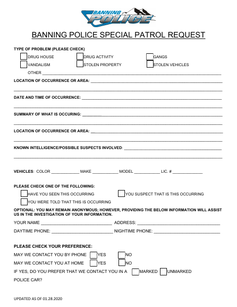 First page of the Police Special Patrol Request