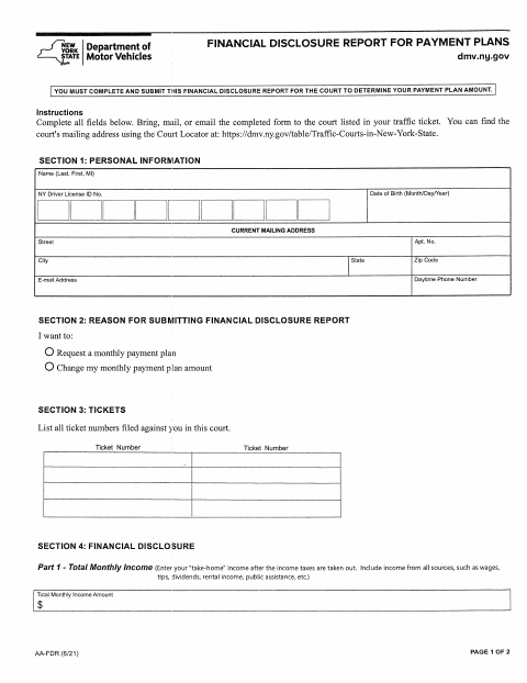 First page of the Financial Disclosure Report for Payment Plans