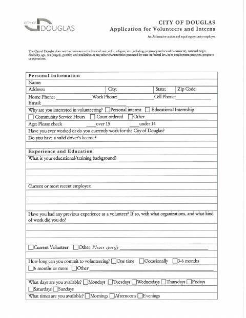 First page of the Application for Volunteers and Interns