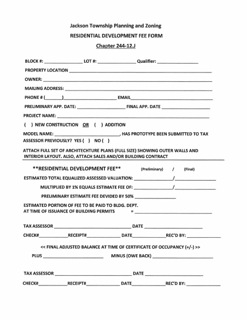 First page of the Residential Development Fee Form