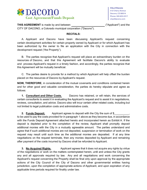 First page of the Cost Agreement and Funds Deposit Agreement