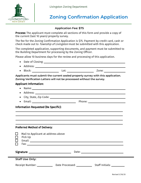 First page of the Zoning Confirmation Application