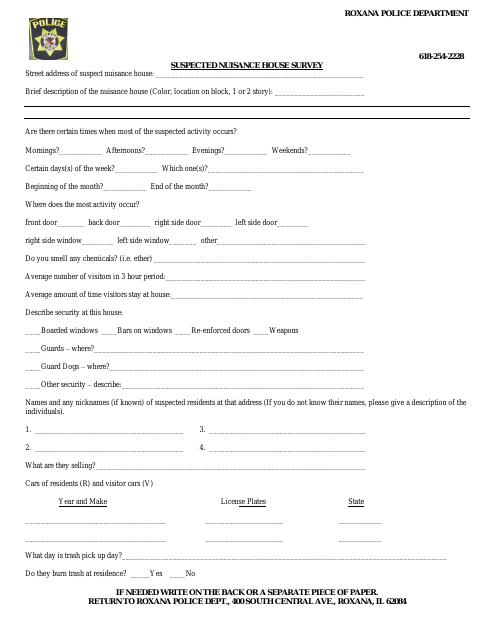 First page of the Suspected Nuisance House Survey