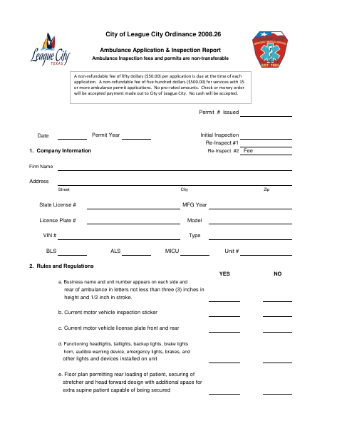 First page of the Ambulance Application & Inspection Report
