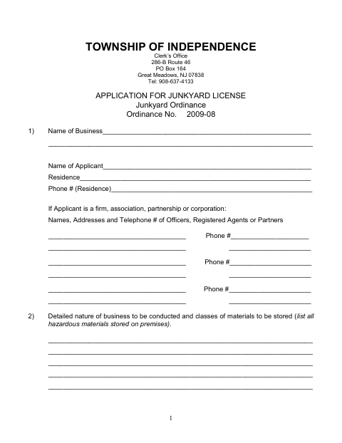 First page of the Application for Junkyard License