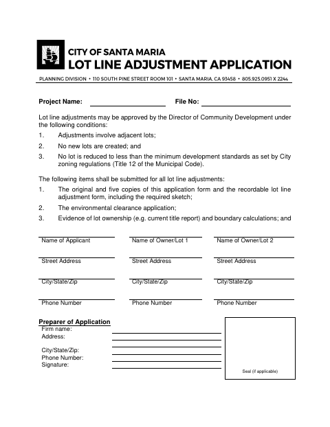 First page of the Application for Lot Line Adjustment