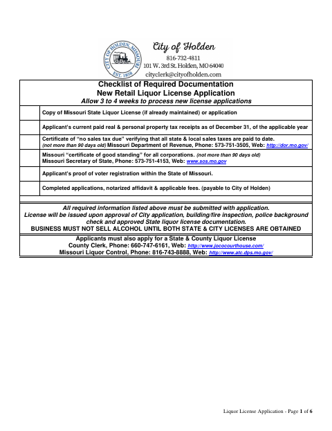 First page of the Retail Liquor License Application